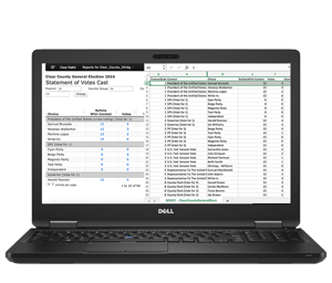 An image of a laptop that shows election reports on the left side of the screen and a spreadsheet on the right side of the screen.